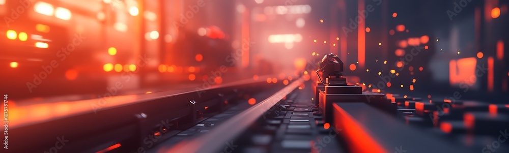Aufkleber a futuristic urban scene featuring illuminated train tracks and glowing lights, creating an atmosphe