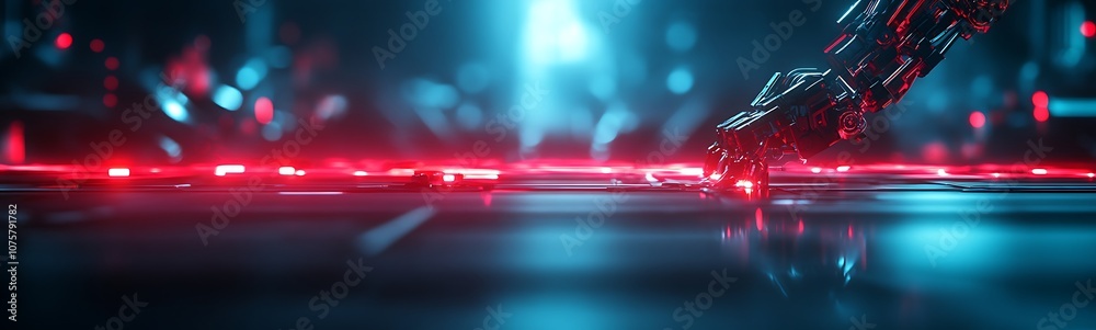 Aufkleber A futuristic, glowing landscape features a robotic hand reaching out towards a vibrant red light, surrounded by illuminated structures and a cool blue backdrop.