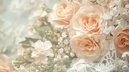 Fototapeta premium A vintage-inspired greeting card with soft muted colors, delicate lace details, and an elegant floral arrangement. 