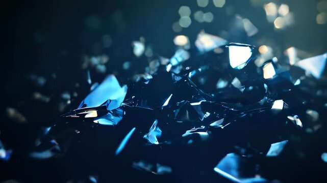 Floating glass shards in dark space, reflecting light and creating a sharp, futuristic, and mysterious atmosphere.