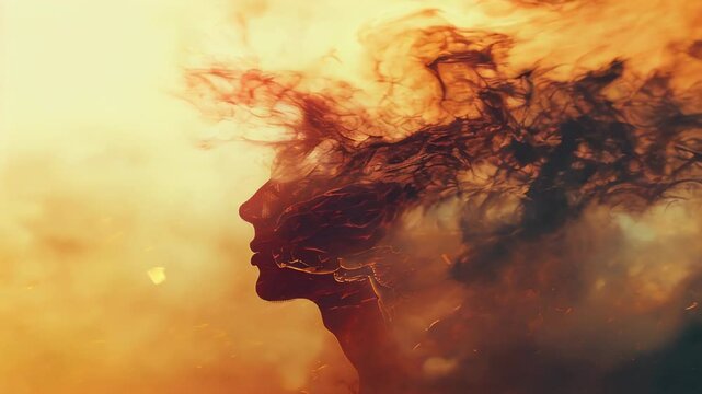 Profile silhouette with dark swirling smoke and a visible brain outline, symbolizing mental health, thoughts, and inner turmoil.