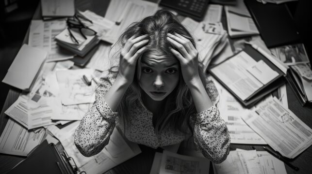 Stressed woman overwhelmed by paperwork and deadlines in a disorganized office setting.