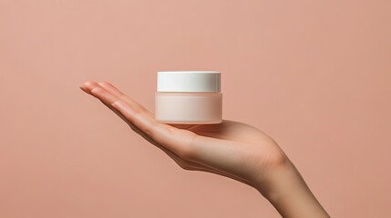 Woman hand showing cream product. Cosmetic product branding mockup. 