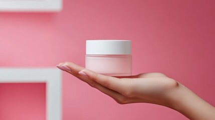 Woman hand showing cream product. Cosmetic product branding mockup. 