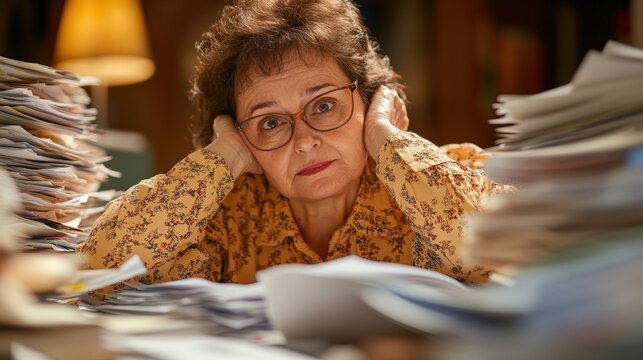 Stressed woman surrounded by paperwork, reflecting everyday life's overwhelming moments.