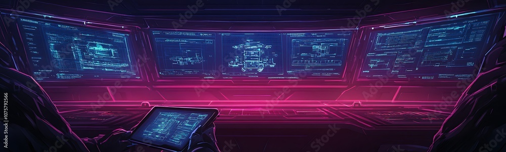 Poster a futuristic digital interface displays vibrant blue and purple data, resembling a high-tech control