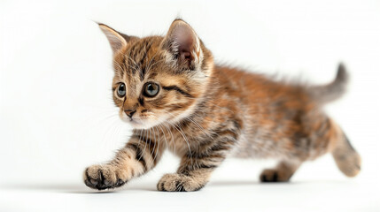 Obraz premium silly little striped kitten walks on soft paws on a white background.