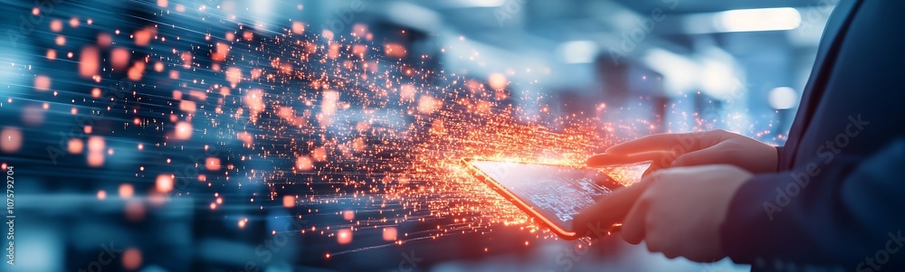 Aufkleber a person using a tablet, with vibrant sparks and effects emanating, symbolizing digital innovation a