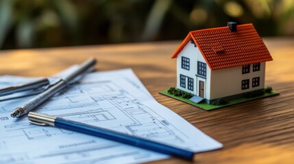A miniature house model sitting next to blueprints