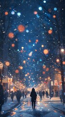 Silhouette of a woman walking in a snowy street filled with festive lights at night.