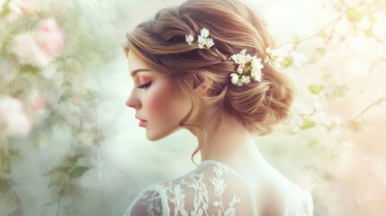 Naklejka premium Serene Woman Portrait with Floral Accents in Dreamy Garden Setting, Soft Light and Elegant Hairstyle Capturing Beauty and Grace of Nature