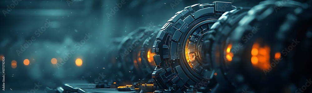 Poster a futuristic scene featuring glowing orange elements set in a dark, industrial environment with intr