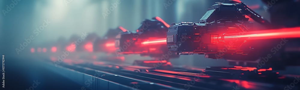 Leinwandbilder A futuristic scene featuring a series of red lasers emitting from sleek devices in a low-light environment, creating a dramatic and high-tech atmosphere.