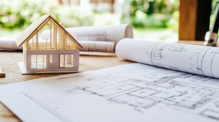 A modern office desk displaying a house model,