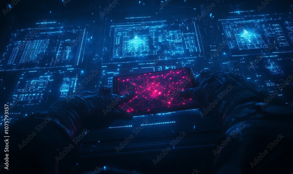 Aufkleber a futuristic scene showcasing glowing blue and red patterns, likely depicting a digital interface or
