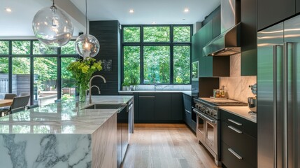 A modern sleek kitchen with clean lines, featuring
