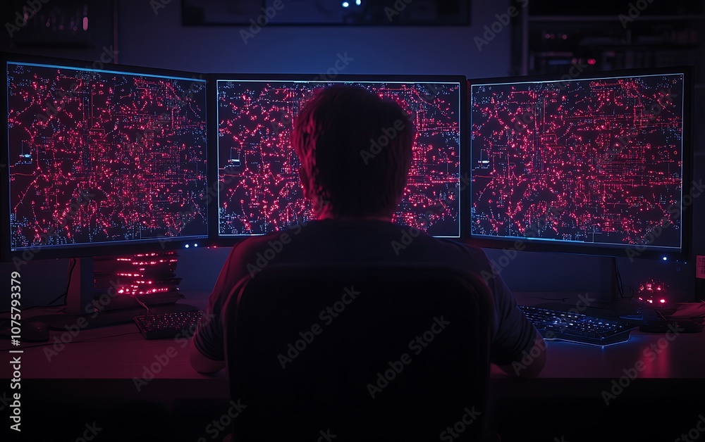Fototapete A person is seated in front of three monitors displaying colorful, intricate data patterns, evoking a high-tech environment.