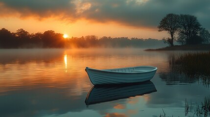   A white boat floats atop a tranquil water body beneath a cloudy sky and setting sun