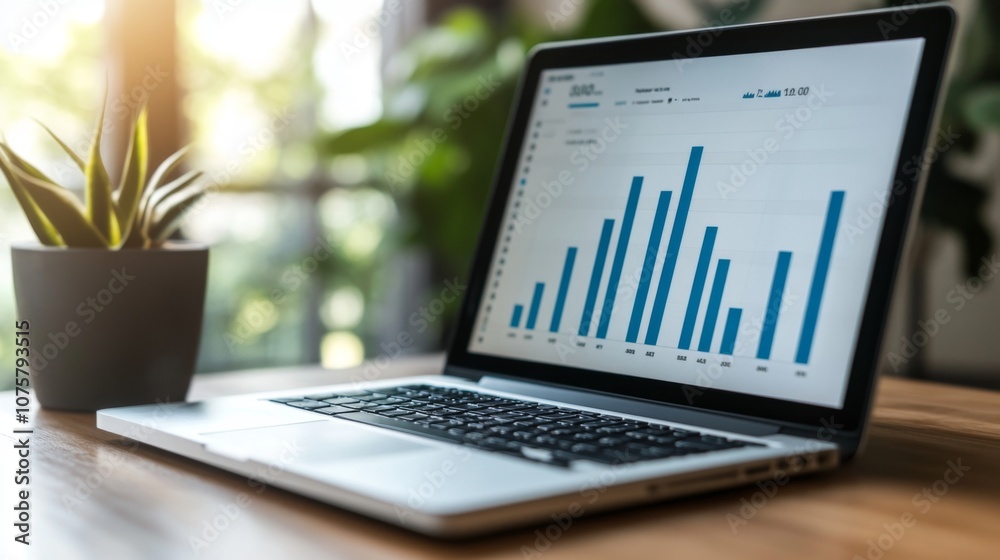 Poster laptop displaying colorful bar graphs on screen with potted plant in modern workspace, highlighting 
