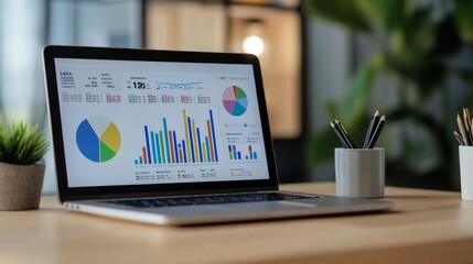 Fototapeta premium Modern Workspace with Laptop Displaying Colorful Graphs and Charts, Featuring Data Analysis Reports and Green Plant on Wooden Desk