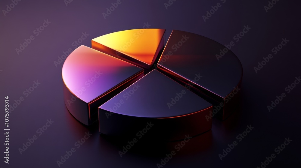 Fototapete Abstract 3D Pie Chart with Glossy Surface and Colorful Reflections on Dark Background, Ideal for Data Visualization and Business Presentations