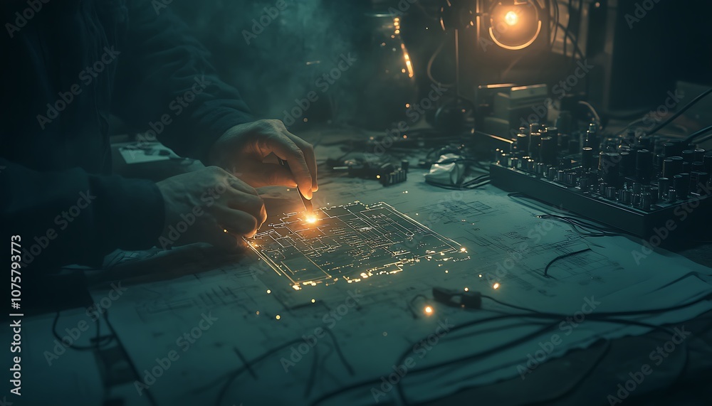 Aufkleber A hand works on a circuit board amidst dim light, surrounded by tools and electronic components, creating an atmosphere of focused craftsmanship.