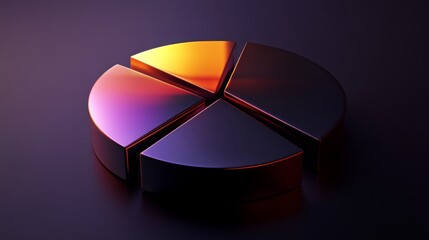 Abstract 3D Pie Chart with Glossy Surface and Colorful Reflections on Dark Background, Ideal for Data Visualization and Business Presentations