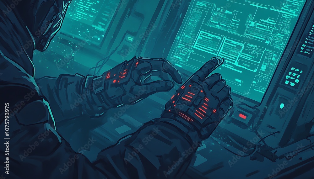 Leinwandbilder A cybernetic figure interacts with a futuristic interface, illuminated by glowing data displays in a high-tech environment.
