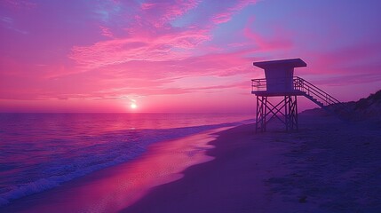   A lifeguard tower perched atop a sandy seashore, adjacent to the azure ocean, beneath a pastel sky