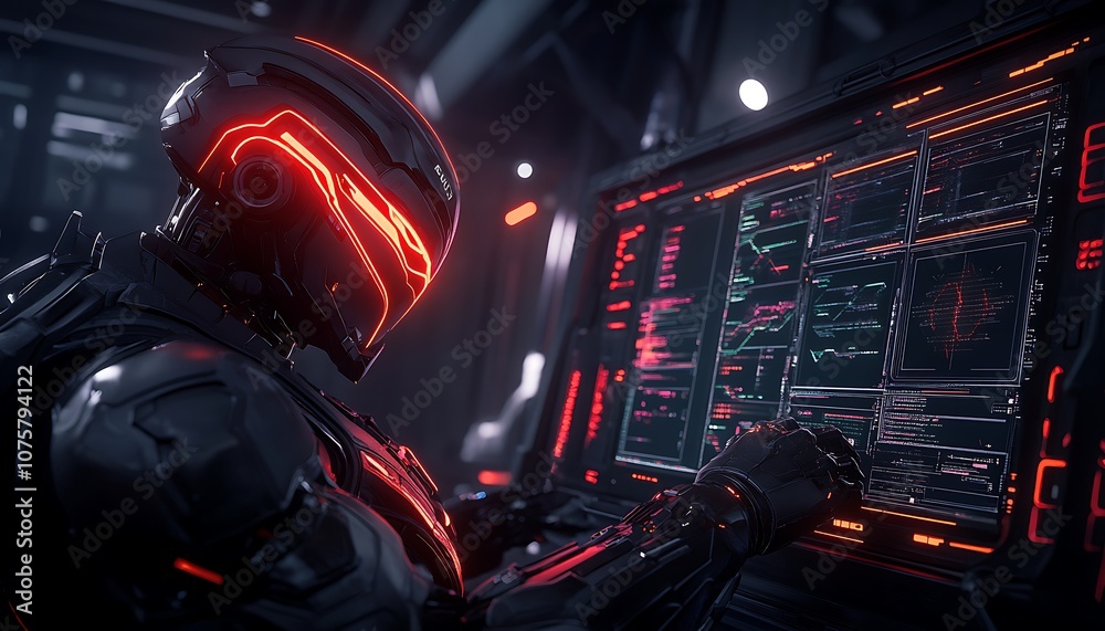 Poster a futuristic cyborg interacts with a high-tech interface, illuminated by vibrant red lights amid a s