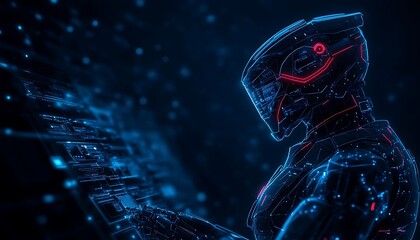 A futuristic figure composed of glowing dots, exuding a digital aura, embodies a blend of technology and art in a dark, cybernetic environment.