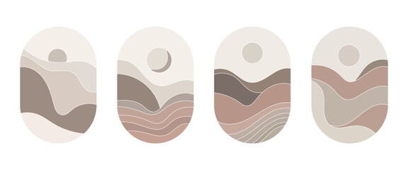 Vector illustration. Minimalistic abstract landscape with smooth forms of the city and the sun. Natural colors add lightness to the painting.