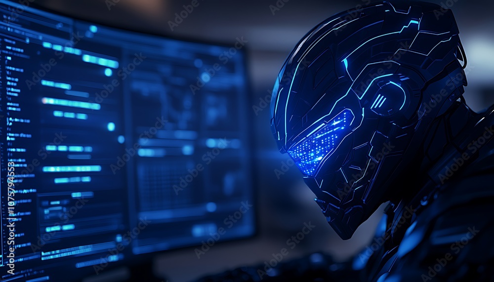 Fototapete A futuristic scene featuring a robot with a glowing helmet, engaging with advanced computer screens displaying code.