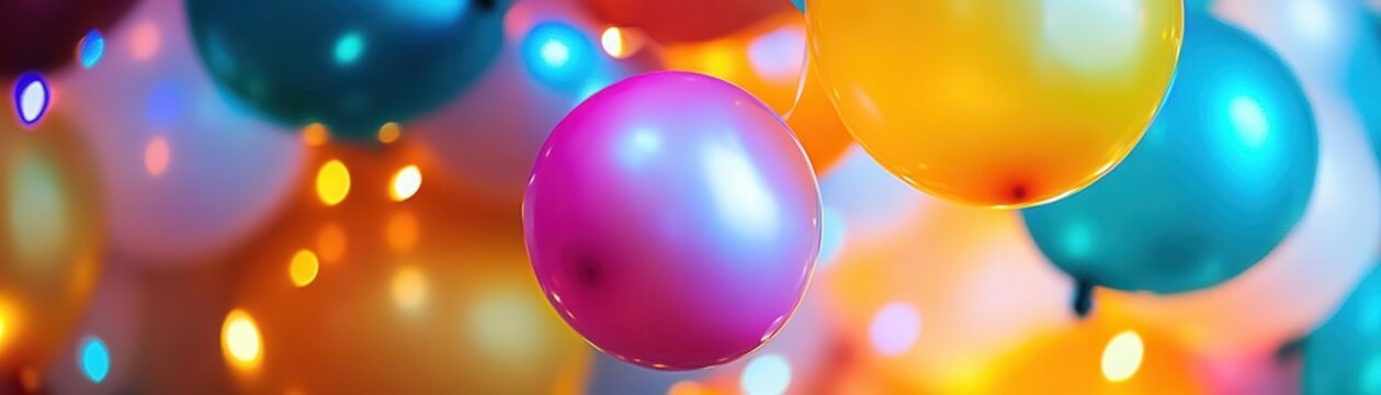 New Years balloon drop with vibrant colors, dynamic energy, soft lighting, festive party