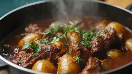 Fototapeta premium A steaming pot of slow-cooked beef and potatoes,