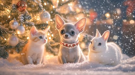 Fototapeta premium Adorable Christmas Critters Chihuahua, Kitten, and Rabbit under a Twinkling Tree