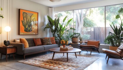 Fototapeta premium A living room fuses vintage and futuristic styles with mid-century furniture, a sleek sofa, and LED lamps 1. Generative AI