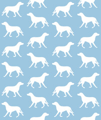 Vector seamless pattern of flat hand drawn Dalmatian dog silhouette isolated on blue background