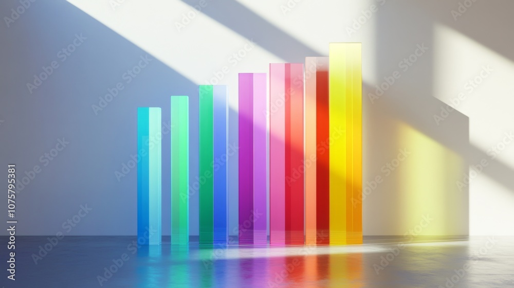 Poster Colorful Transparent Bars Representing Growth and Progress with Vibrant Light and Shadows on a Simple Background in an Artistic Style