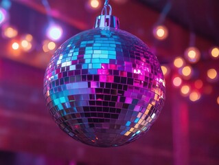 Obraz premium New Years disco ball with vibrant reflections, dynamic movement, soft glow