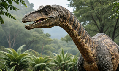 A large dinosaur with a long neck stands in a dense forest