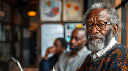 Obraz premium Gray-haired dark-skinned professor in a wool sweater during classes. Close-up. Space for text.