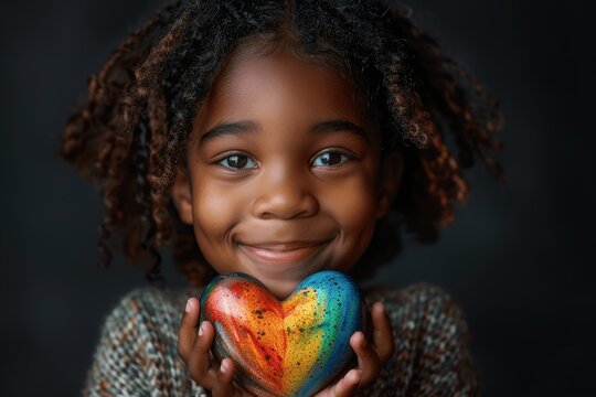 African American Child Smiling with Rainbow Heart Easter Egg - Black History Month and Valentine's Day Celebration