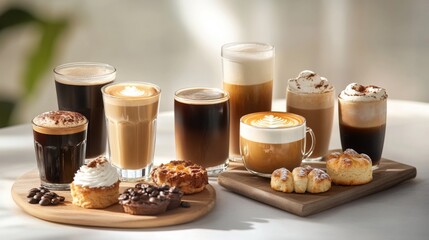 A Beautiful Array of Specialty Coffee Beverages with Pastries Displayed on a Wooden Surface in a Softly Lit Cafe Setting