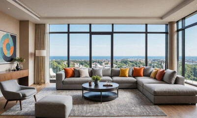 Fototapeta premium A modern living room with a large sectional sofa and a view of the ocean
