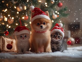 Christmas Kittens and Puppy Wearing Santa Hats in the Snow