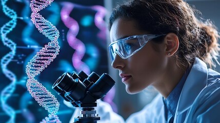 Portrait of a medical researcher closely examining DNA samples under a microscope surrounded by scientific data and models displayed on computer screens in a high tech laboratory setting