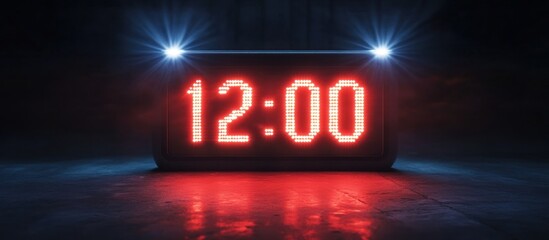 Red digital clock displaying 1200 with bright spotlights in a dark environment.