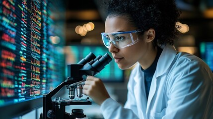 Scientist Conducting Advanced Genetic Research Using Cutting Edge Laboratory Equipment and Digital Displays in a High Tech Workspace