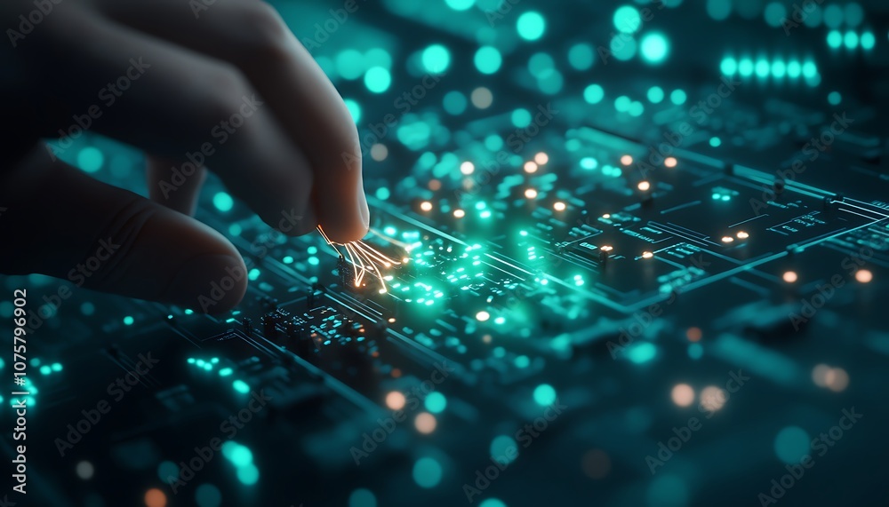 Poster A hand interacts with a glowing circuit board, showcasing technology and innovation through vibrant colors and intricate patterns.